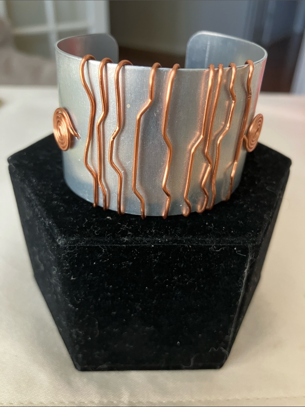 Handmade Brushed Silver Tone Cuff Bracelet with Copper Wire Accents